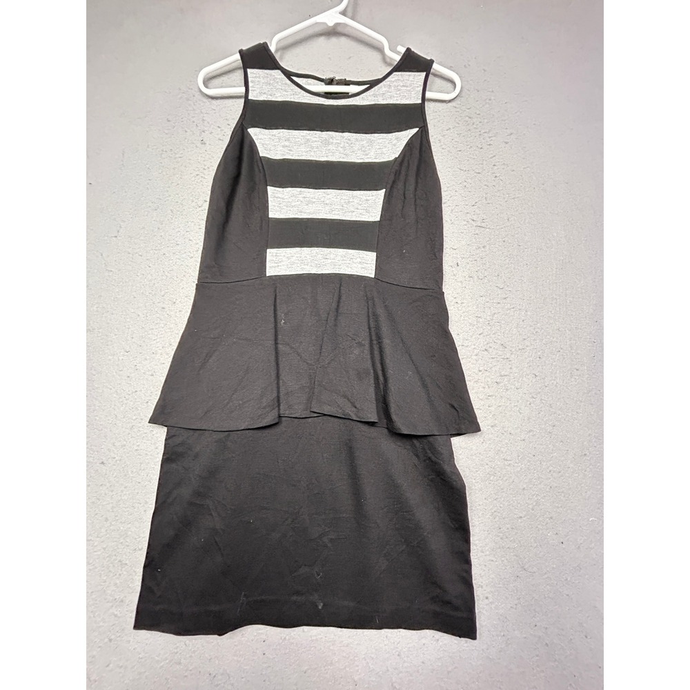 Kensie Peplum Dress Rayon Nylon Spandex Black Grey Striped Medium Womens